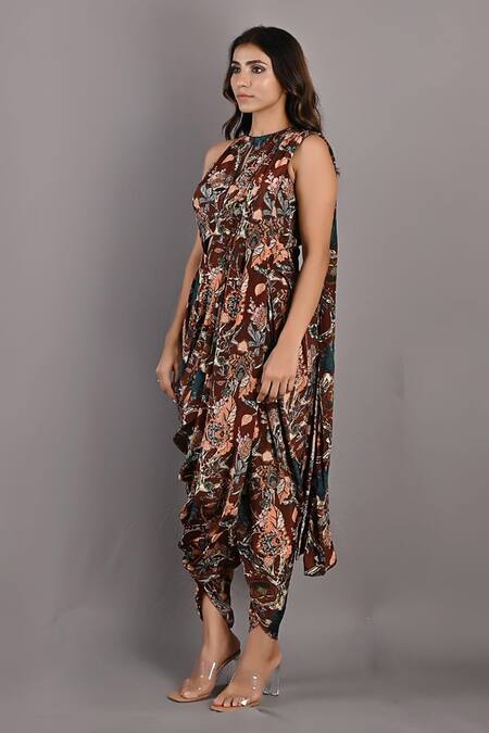 Shop_Bohame_Maroon Crepe Floral Keyhole Evanthe Print Draped Jumpsuit _Online_at_Aza_Fashions