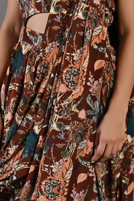 Bohame_Maroon Crepe Floral Keyhole Evanthe Print Draped Jumpsuit _at_Aza_Fashions