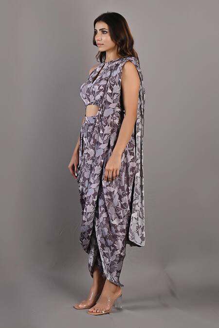 Bohame_Purple Crepe Floral Keyhole Evanthe Print Draped Jumpsuit_Online_at_Aza_Fashions
