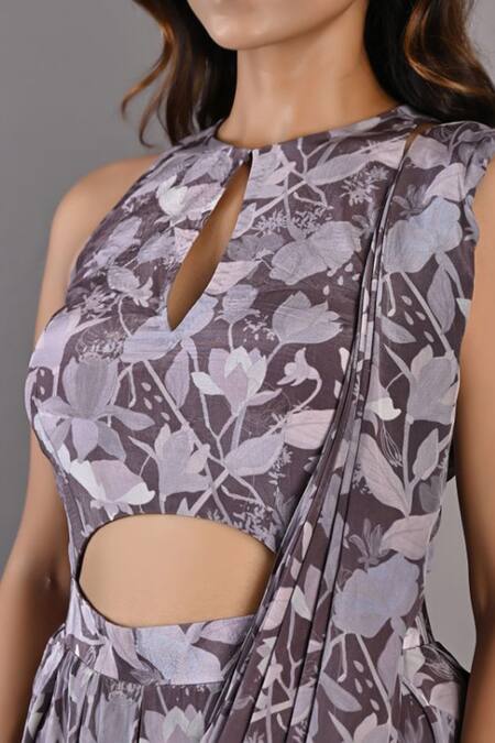 Shop_Bohame_Purple Crepe Floral Keyhole Evanthe Print Draped Jumpsuit_Online_at_Aza_Fashions