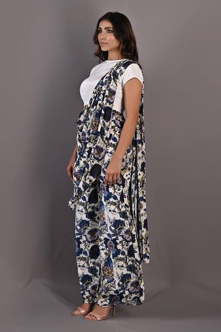 Bohame_Multi Color Crepe Floral Round Yasmin Print Saree Jumpsuit_Online_at_Aza_Fashions