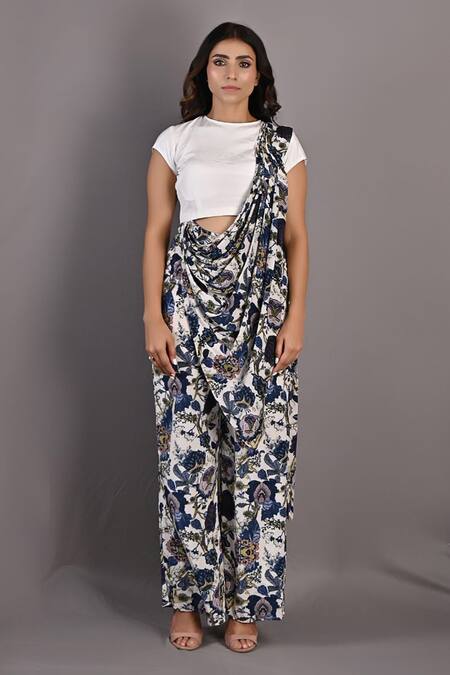 Buy_Bohame_Multi Color Crepe Floral Round Yasmin Print Saree Jumpsuit_Online_at_Aza_Fashions