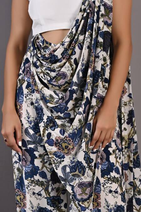 Shop_Bohame_Multi Color Crepe Floral Round Yasmin Print Saree Jumpsuit_Online_at_Aza_Fashions
