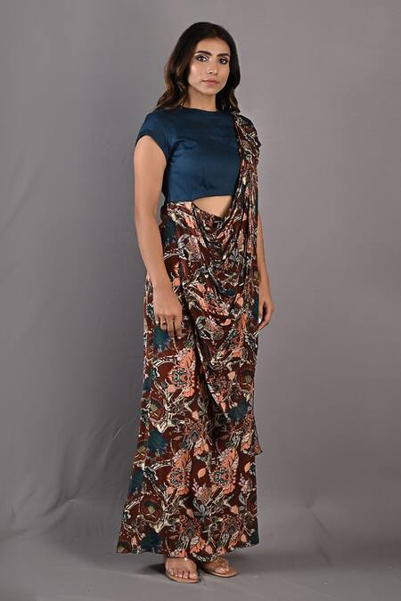 Bohame_Maroon Crepe Floral Round Celandine Print Saree Jumpsuit_Online_at_Aza_Fashions