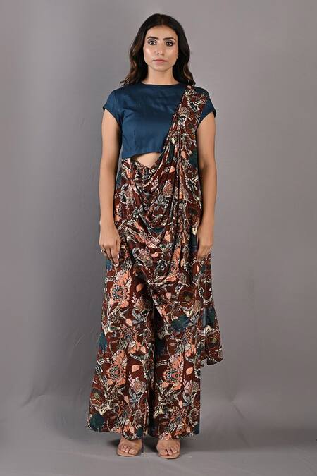 Buy_Bohame_Maroon Crepe Floral Round Celandine Print Saree Jumpsuit_Online_at_Aza_Fashions