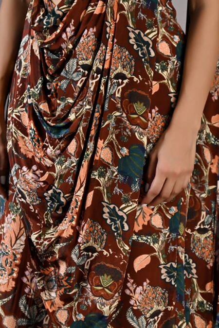 Shop_Bohame_Maroon Crepe Floral Round Celandine Print Saree Jumpsuit_Online_at_Aza_Fashions