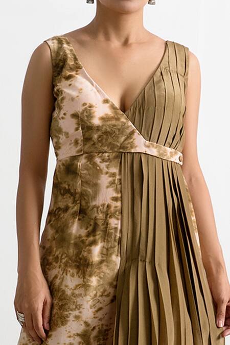 Bohame Beige Crepe V Neck Zaila Tie Dye Draped Jumpsuit Online at Aza Fashions Bohame_Beige Crepe V Neck Zaila Tie Dye Draped Jumpsuit _Online_at_Aza_Fashions
