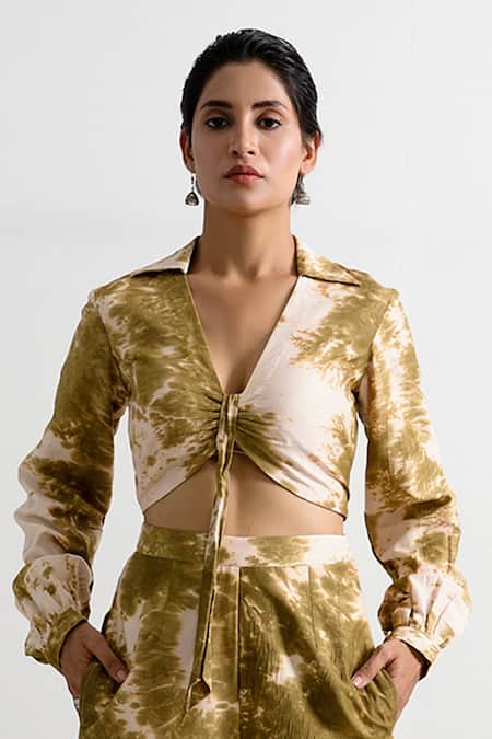 Bohame_Beige Muslin Silk V Neck Vera Tie Dye Co-ord Pant Set _Online_at_Aza_Fashions