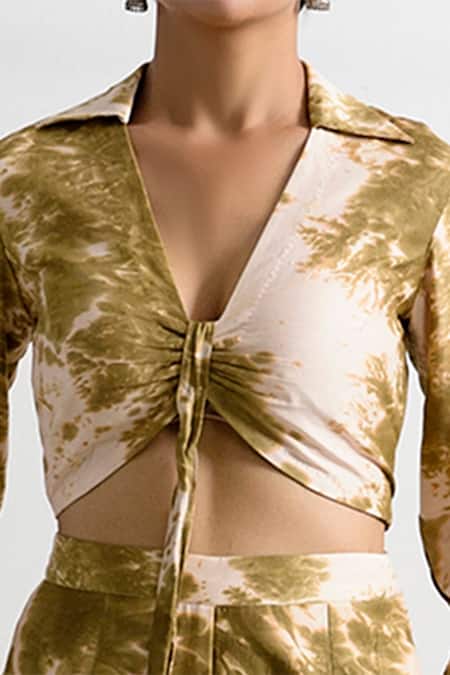 Buy_Bohame_Beige Muslin Silk V Neck Vera Tie Dye Co-ord Pant Set _Online_at_Aza_Fashions