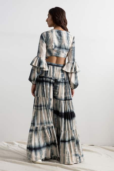 Shop_Bohame_Beige Muslin Silk V Neck Leonara Tie Dye Co-ord Palazzo Set _at_Aza_Fashions