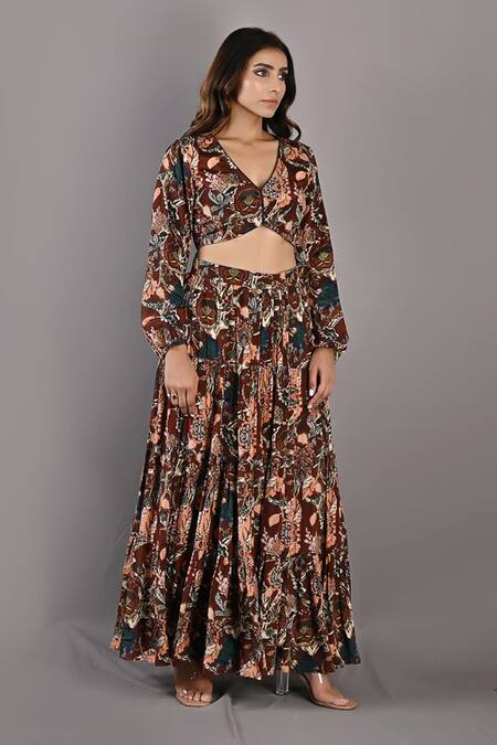 Bohame_Maroon Crepe Floral V Neck Zahara Print Sharara Set _Online_at_Aza_Fashions
