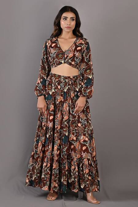 Buy_Bohame_Maroon Crepe Floral V Neck Zahara Print Sharara Set _Online_at_Aza_Fashions