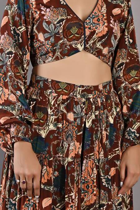 Shop_Bohame_Maroon Crepe Floral V Neck Zahara Print Sharara Set _Online_at_Aza_Fashions