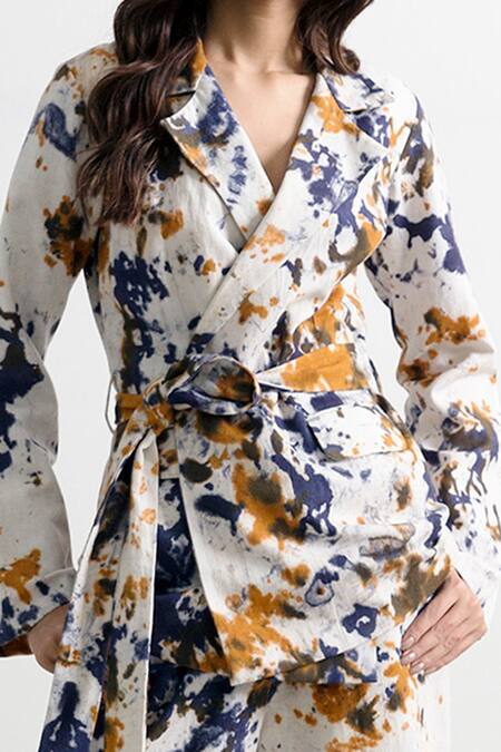 Bohame_Beige Linen Lapel Missy Tie Dye Co-ord Pant Set _Online_at_Aza_Fashions