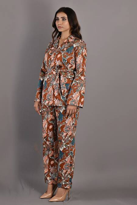 Bohame_Maroon Cotton Satin Floral Notched Liana Print Jacket And Pant Set _Online_at_Aza_Fashions