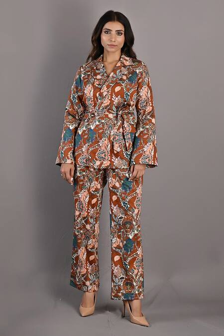 Buy_Bohame_Maroon Cotton Satin Floral Notched Liana Print Jacket And Pant Set _Online_at_Aza_Fashions