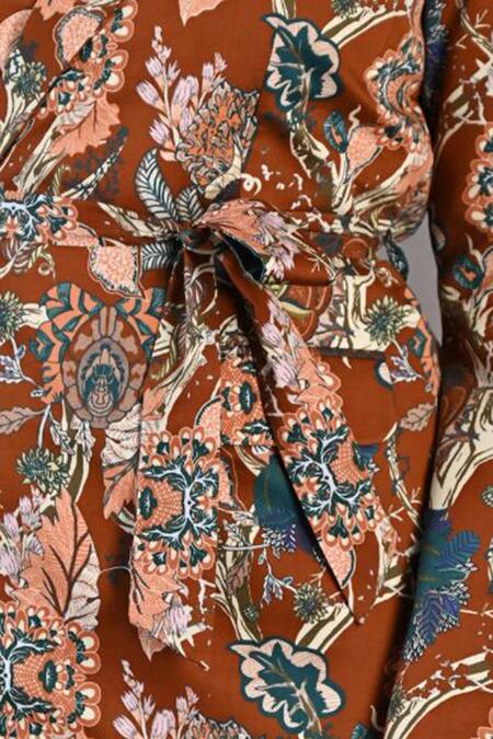 Shop_Bohame_Maroon Cotton Satin Floral Notched Liana Print Jacket And Pant Set _Online_at_Aza_Fashions