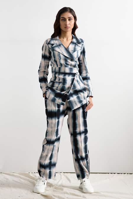 Bohame Blue Linen Lapel Tokyo Tie Dye Co-ord Jacket Set 