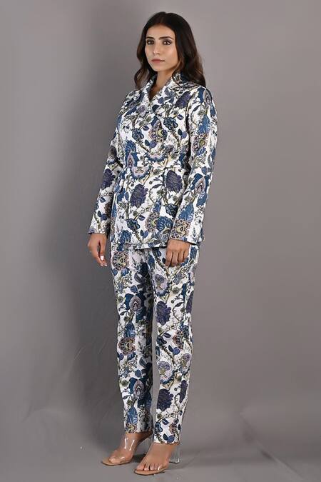 Bohame_Off White Cotton Satin Floral Notched Erica Print Jacket And Pant Set_Online_at_Aza_Fashions
