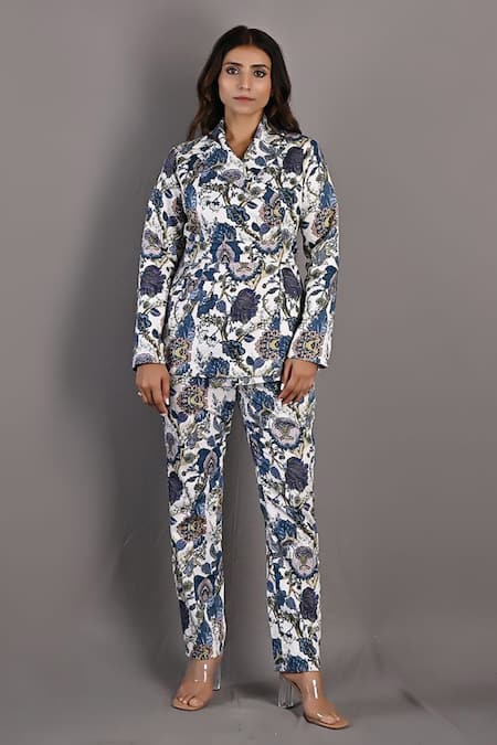 Buy_Bohame_Off White Cotton Satin Floral Notched Erica Print Jacket And Pant Set_Online_at_Aza_Fashions