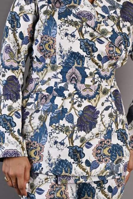 Shop_Bohame_Off White Cotton Satin Floral Notched Erica Print Jacket And Pant Set_Online_at_Aza_Fashions