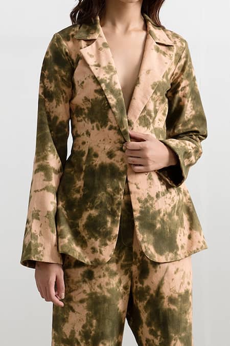 Bohame_Beige Linen Notched Lapel Collar Grace Tie Dye Co-ord Pant Set _Online_at_Aza_Fashions