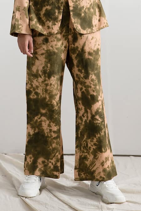 Buy_Bohame_Beige Linen Notched Lapel Collar Grace Tie Dye Co-ord Pant Set _Online_at_Aza_Fashions