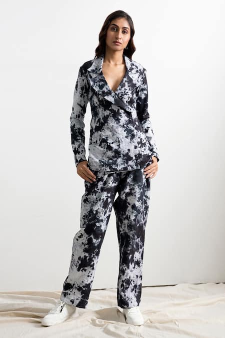 Bohame Black Linen Notched Lapel Collar Mabel Tie Dye Co-ord Pant Set 