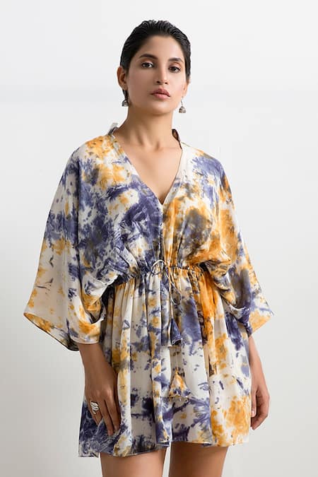 Bohame_Beige Crepe V Neck Pearl Tie Dye Kaftan _Online_at_Aza_Fashions