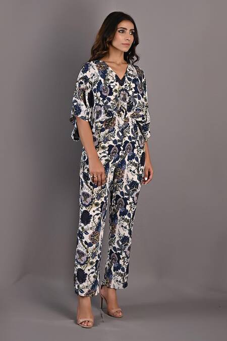 Bohame_Off White Crepe Floral V Neck Zinnia Print Jumpsuit_Online_at_Aza_Fashions