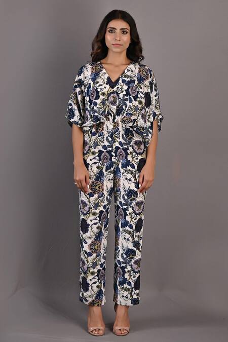 Buy_Bohame_Off White Crepe Floral V Neck Zinnia Print Jumpsuit_Online_at_Aza_Fashions