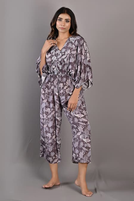 Bohame_Purple Crepe Floral V Neck Winika Print Jumpsuit_Online_at_Aza_Fashions
