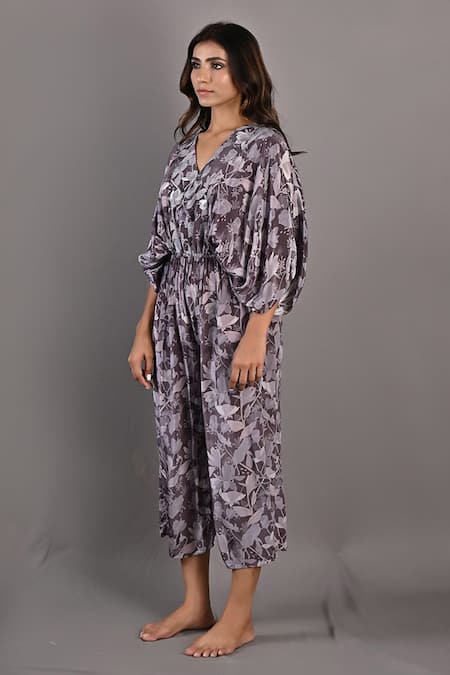 Shop_Bohame_Purple Crepe Floral V Neck Winika Print Jumpsuit_Online_at_Aza_Fashions