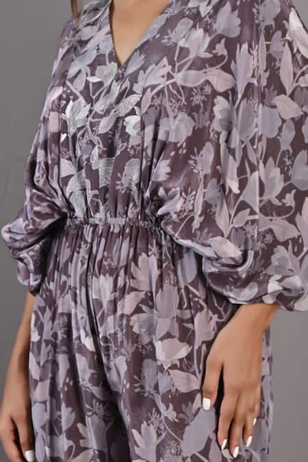Bohame_Purple Crepe Floral V Neck Winika Print Jumpsuit_at_Aza_Fashions