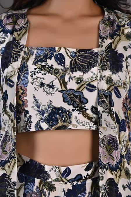 Bohame Off White Crepe Floral Cape Open Alyssa Print And Pant Set at Aza Fashions Bohame_Off White Crepe Floral Cape Open Alyssa Print And Pant Set _at_Aza_Fashions