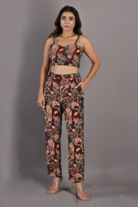 Bohame_Maroon Crepe Floral Cape Open Elestren Print And Pant Set _Online_at_Aza_Fashions