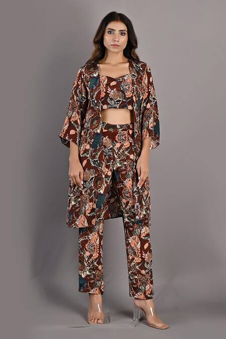Buy_Bohame_Maroon Crepe Floral Cape Open Elestren Print And Pant Set _Online_at_Aza_Fashions