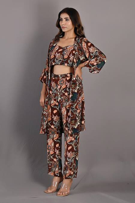 Shop_Bohame_Maroon Crepe Floral Cape Open Elestren Print And Pant Set _Online_at_Aza_Fashions