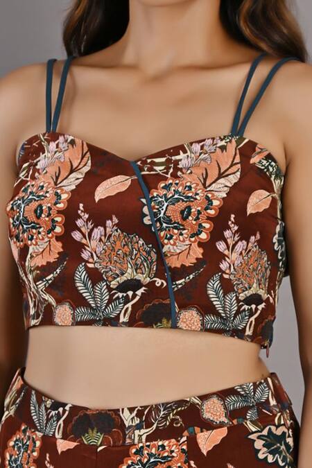 Bohame_Maroon Crepe Floral Cape Open Elestren Print And Pant Set _at_Aza_Fashions