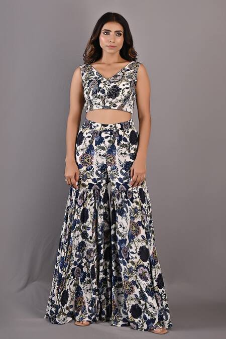 Bohame_Off White Crepe Floral Cape Open Cassia Print And Sharara Set _Online_at_Aza_Fashions