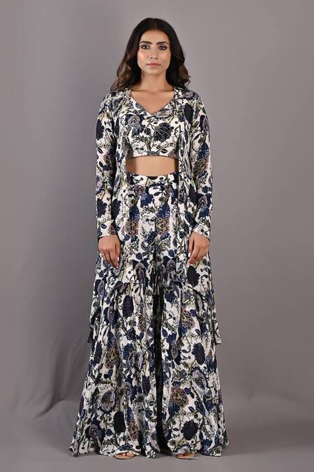 Buy_Bohame_Off White Crepe Floral Cape Open Cassia Print And Sharara Set _Online_at_Aza_Fashions