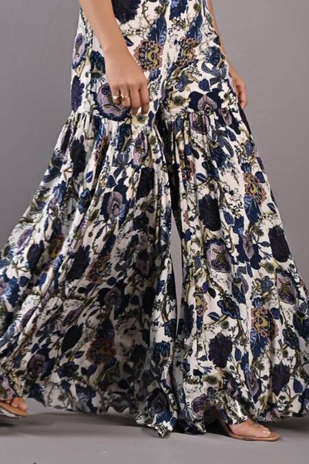 Bohame_Off White Crepe Floral Cape Open Cassia Print And Sharara Set _at_Aza_Fashions