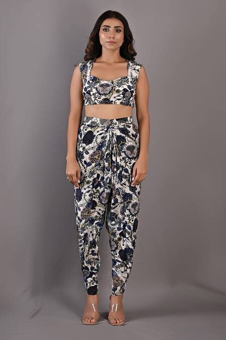 Bohame Off White Crepe Floral Cape Open Cynthia Print And Dhoti Pant Set Online at Aza Fashions Bohame_Off White Crepe Floral Cape Open Cynthia Print And Dhoti Pant Set _Online_at_Aza_Fashions