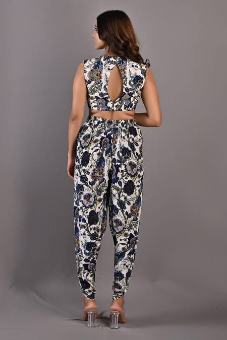 Shop Bohame Off White Crepe Floral Cape Open Cynthia Print And Dhoti Pant Set Online at Aza Fashions Shop_Bohame_Off White Crepe Floral Cape Open Cynthia Print And Dhoti Pant Set _Online_at_Aza_Fashions