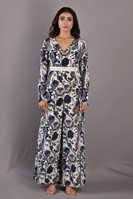 Buy_Bohame_Off White Crepe Floral V Neck Dahlia Print Jumpsuit With Belt_Online_at_Aza_Fashions