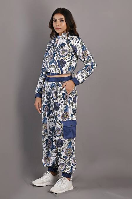 Bohame_Off White Cotton Satin Floral Mandarin Collar Laurel Print Jacket And Pant Set_Online_at_Aza_Fashions