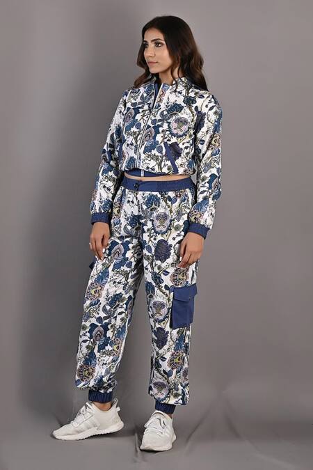 Shop_Bohame_Off White Cotton Satin Floral Mandarin Collar Laurel Print Jacket And Pant Set_Online_at_Aza_Fashions