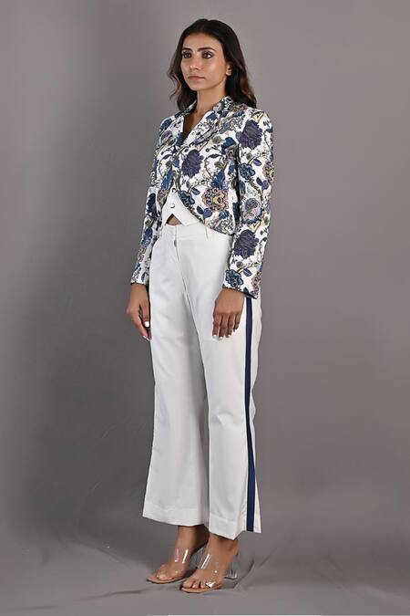 Bohame_Off White Cotton Satin Floral Inner Vest Deep V Cliantha Printed And Pant Set_Online_at_Aza_Fashions