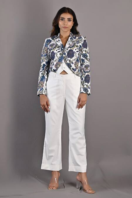 Buy_Bohame_Off White Cotton Satin Floral Inner Vest Deep V Cliantha Printed And Pant Set_Online_at_Aza_Fashions