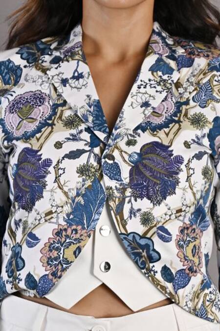 Bohame_Off White Cotton Satin Floral Inner Vest Deep V Cliantha Printed And Pant Set_at_Aza_Fashions